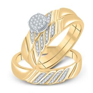 Diamond Cluster Matching His Hers Wedding Set Sterling 925 Silver Gold Tone